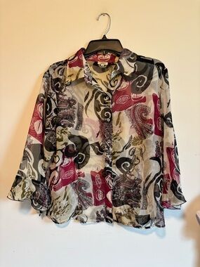 Vintage Y2K NICOLA Sheer Paisley Button-Front Blouse - Red, Black, Olive